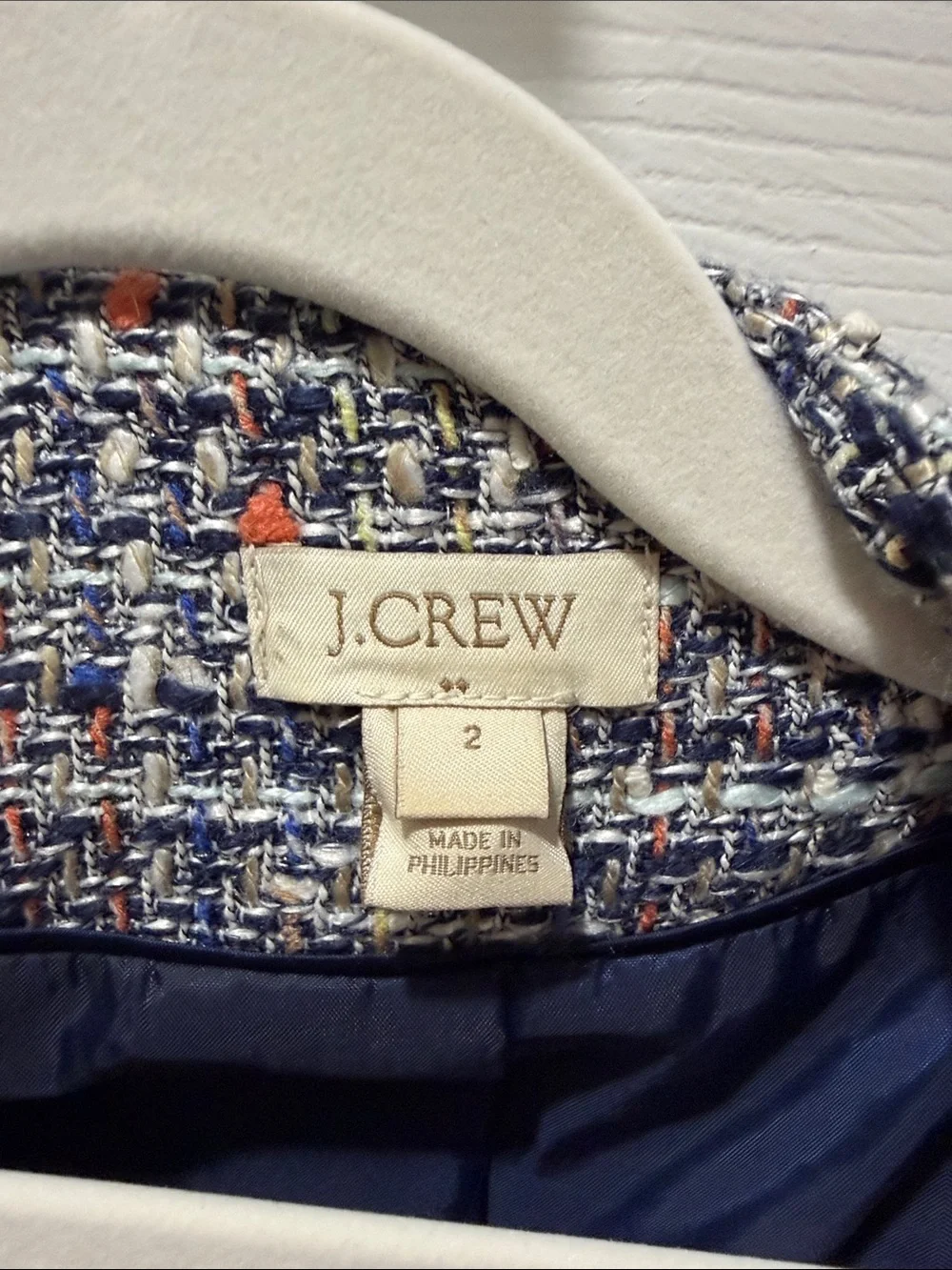 J. Crew Navy and Cream Tweed Fringe Jacket